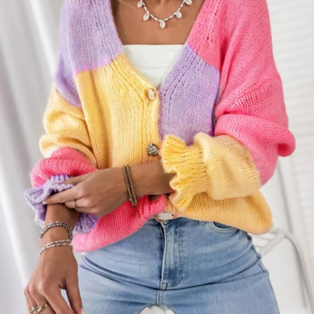 Color Block V-Neck Cardigan - Picture 3 of 4